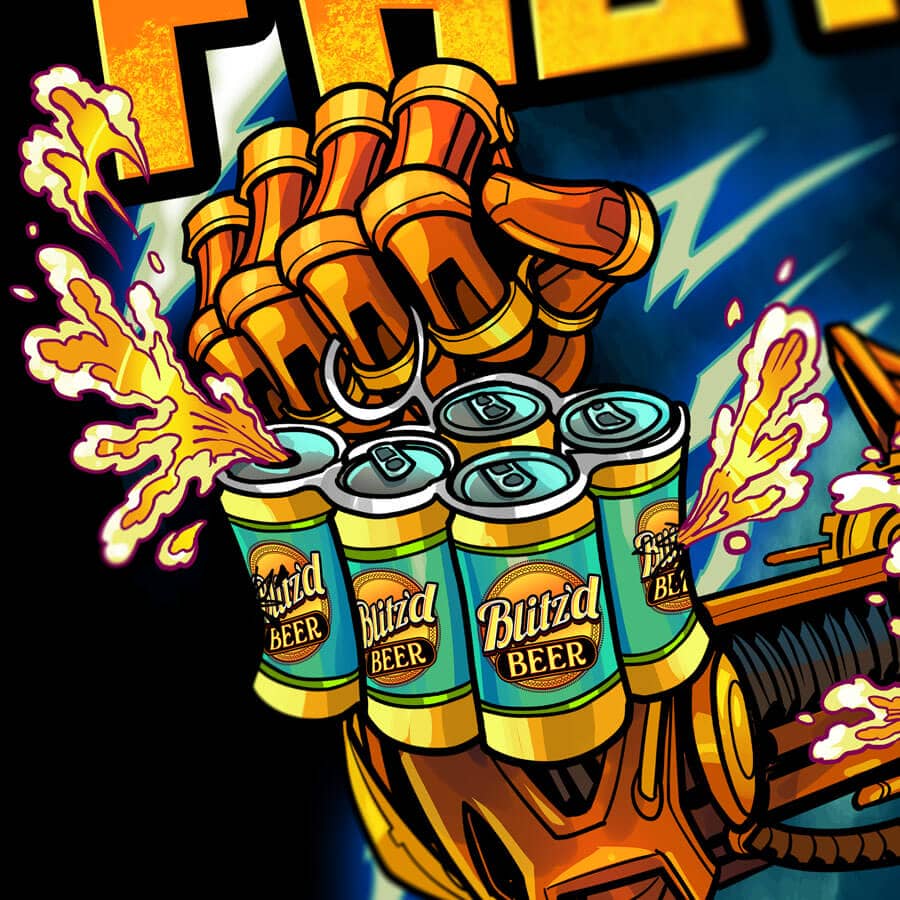 Angry orange robot drinking beer and rampaging over the corpses of famous robots for Froth and Fury music festival drawn by Brian Allen