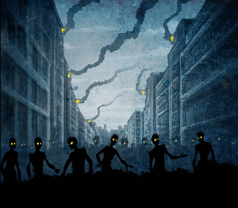 A city being taken over by a hoard of zombies as building begin to burn. The zombies are shown only as silhouettes with glowing yellow eyes. This artwork is used for the back of the CD jacket for Four Zero One Four's album Going Pro!
Artwork by Brian Allen, Flyland Designs.