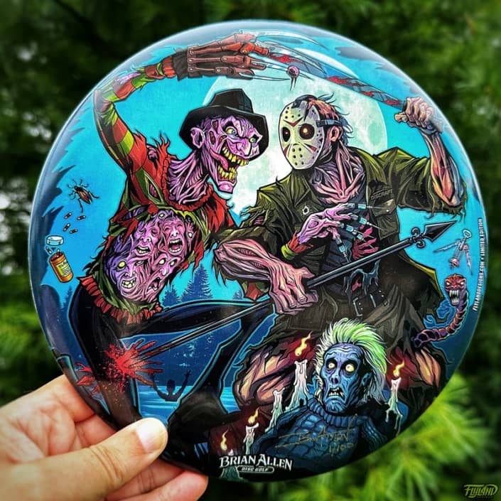 Freddy Vs Jason fighthing with Jasons mom coming back from the grave. These limited edition full-foil Discraft Buzzz Discs featuring artwork by Brian Allen.