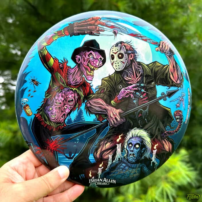 Freddy Vs Jason fighthing with Jasons mom coming back from the grave. These limited edition full-foil Discraft Buzzz Discs featuring artwork by Brian Allen.