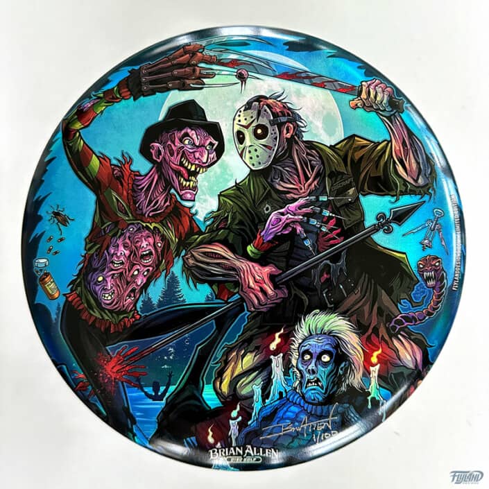 Freddy Vs Jason fighthing with Jasons mom coming back from the grave. These limited edition full-foil Discraft Buzzz Discs featuring artwork by Brian Allen.