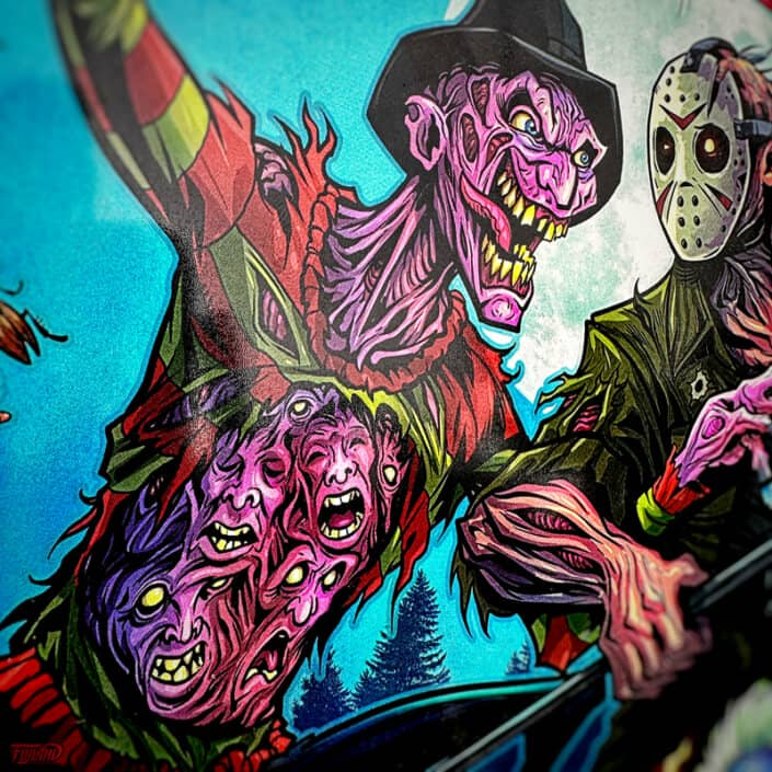 Freddy Vs Jason fighthing with Jasons mom coming back from the grave. These limited edition full-foil Discraft Buzzz Discs featuring artwork by Brian Allen.