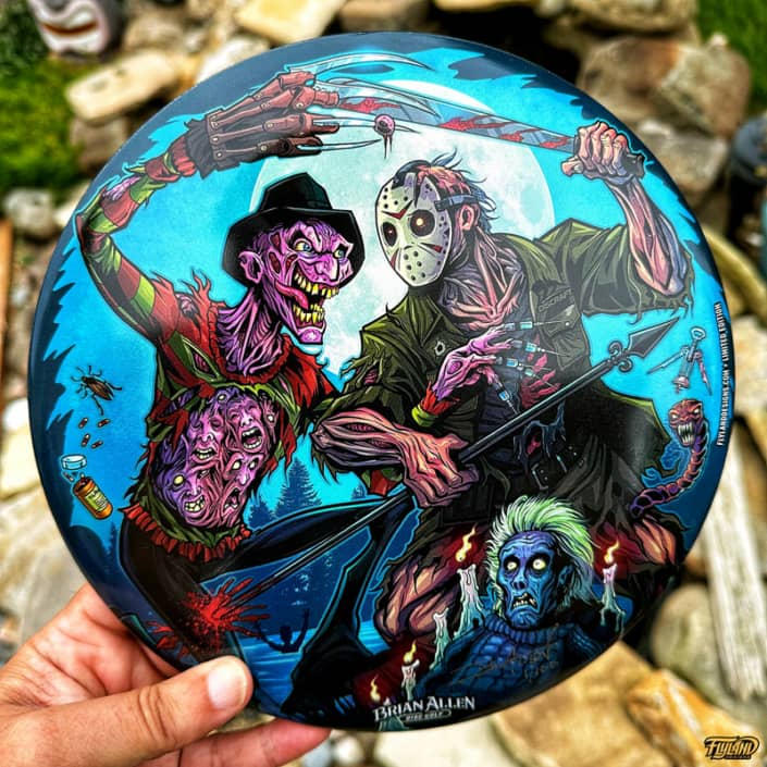 Freddy Vs Jason fighthing with Jasons mom coming back from the grave. These limited edition full-foil Discraft Buzzz Discs featuring artwork by Brian Allen.