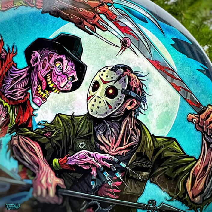 Freddy Vs Jason fighthing with Jasons mom coming back from the grave. These limited edition full-foil Discraft Buzzz Discs featuring artwork by Brian Allen.