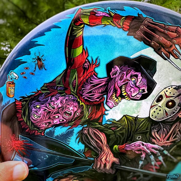 Freddy Vs Jason fighthing with Jasons mom coming back from the grave. These limited edition full-foil Discraft Buzzz Discs featuring artwork by Brian Allen.