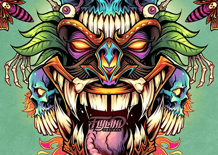 Psychedelic Tiki head with tongue out