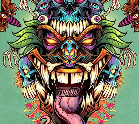 Psychedelic Tiki head with tongue out