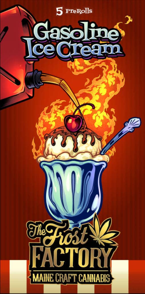 The Frost Factory Gasoline Ice Cream packaging design featuring gasoline being poured onto flaming ice cream, drawn by artist Brian Allen