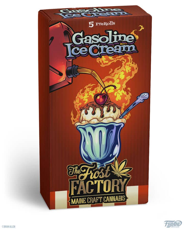 The Frost Factory Gasoline Ice Cream packaging design featuring gasoline being poured onto flaming ice cream, drawn by artist Brian Allen