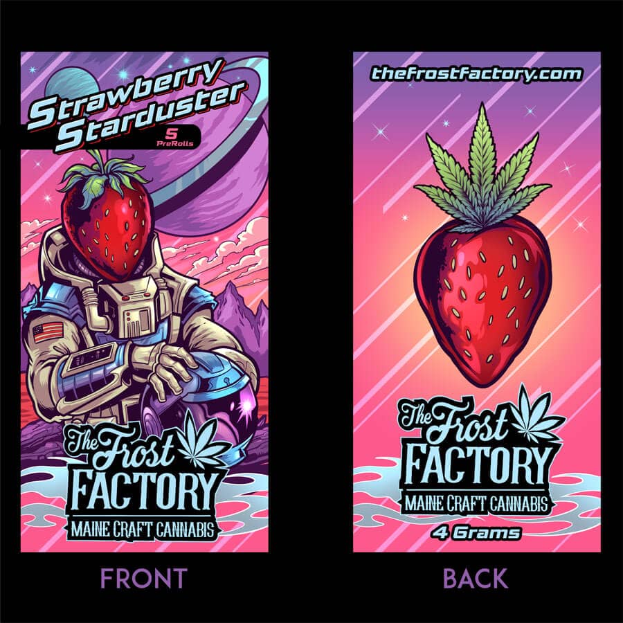 The Frost Factory Strawberry Starduster space theme packaging design featuring a strawberry astronaut, drawn by artist Brian Allen