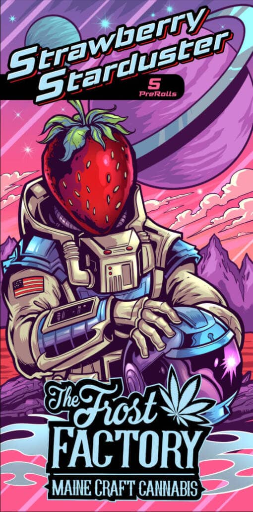 The Frost Factory Strawberry Starduster space theme packaging design featuring a strawberry astronaut, drawn by artist Brian Allen
