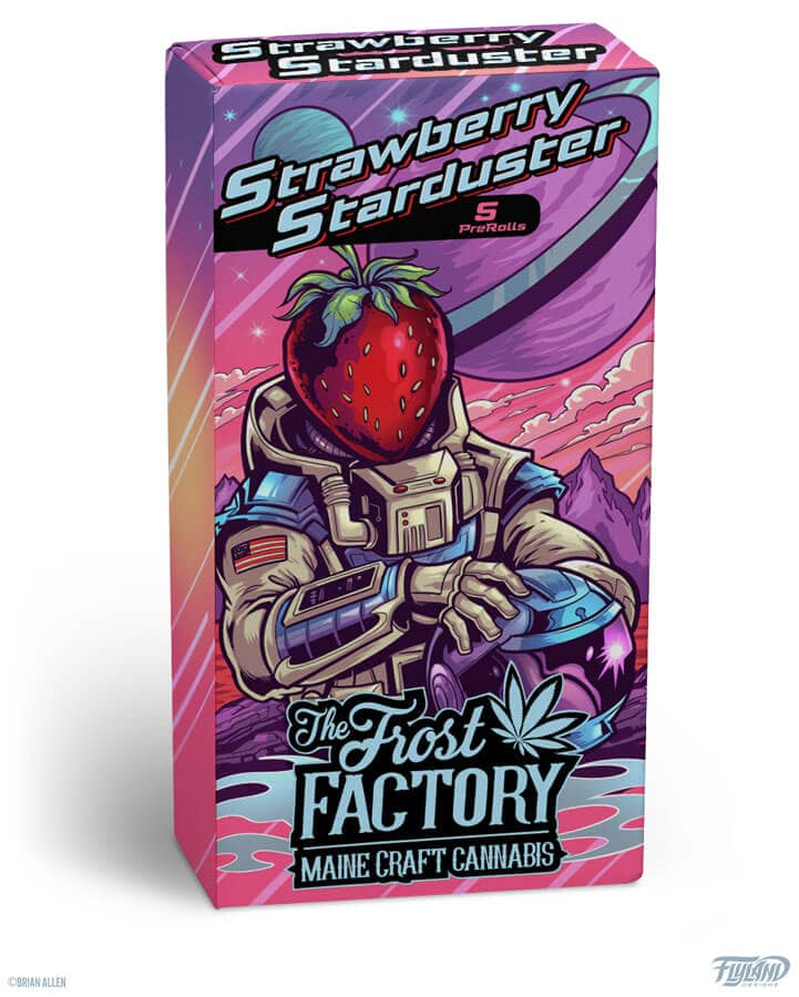 The Frost Factory Strawberry Starduster space theme packaging design featuring a strawberry astronaut, drawn by artist Brian Allen
