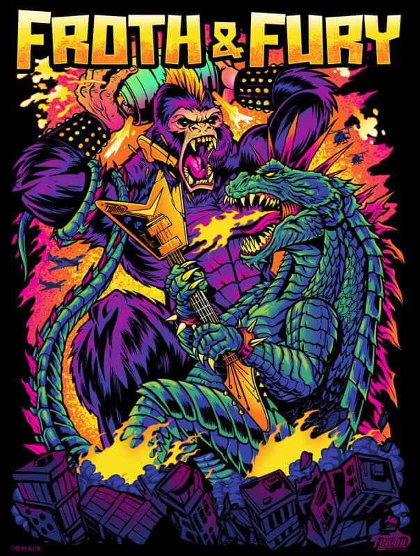 A brightly illustrated poster with Godzilla and King Kong as gothic punk rockers who are destroying the city with fire, barrels, and electric guitars. 