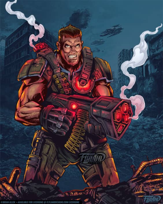 A futuristic warrior holds a blaster and stands in the rubble of a city. Jets fly overhead. Illustration by Brian Allen