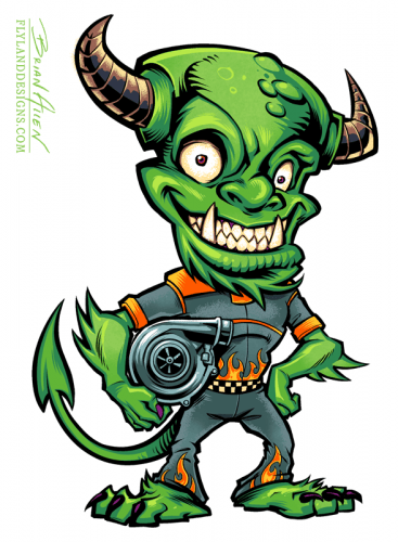 Monster Mascot holding turbo, for automobile repair company.