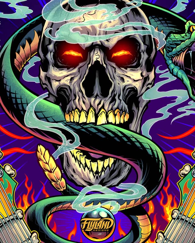 A pinball topper that I created featuring skulls, snakes, guitars, and flames for Pinball Bazaar