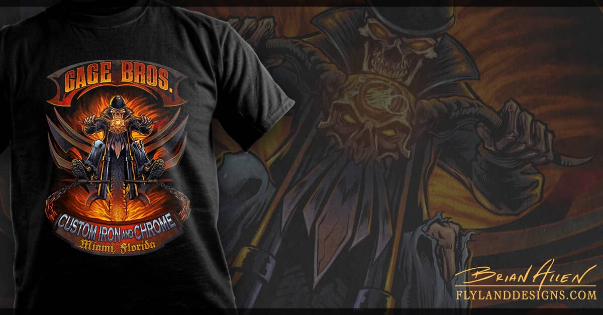 A skeleton wearing traditional motorcyclist gear with his feet propped up on the foot rests, driving towards the viewer. He is driving in front of large flames, with a metal frame behind him. Text above reads "Gage Bros." and text below reads "Custom Iron and Chrome Miami, Florida" Printed on a black t-shirt
Artwork by Brian Allen, Flyland Designs.