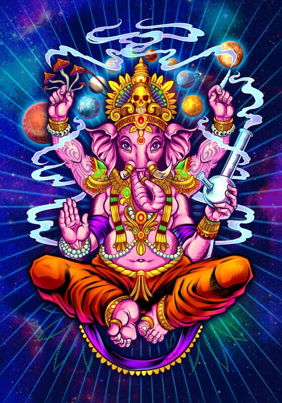 Space theme rolling tray design of the Hindu god Ganesh holding mushrooms, a joint, and a bong, drawn by artist Brian Allen