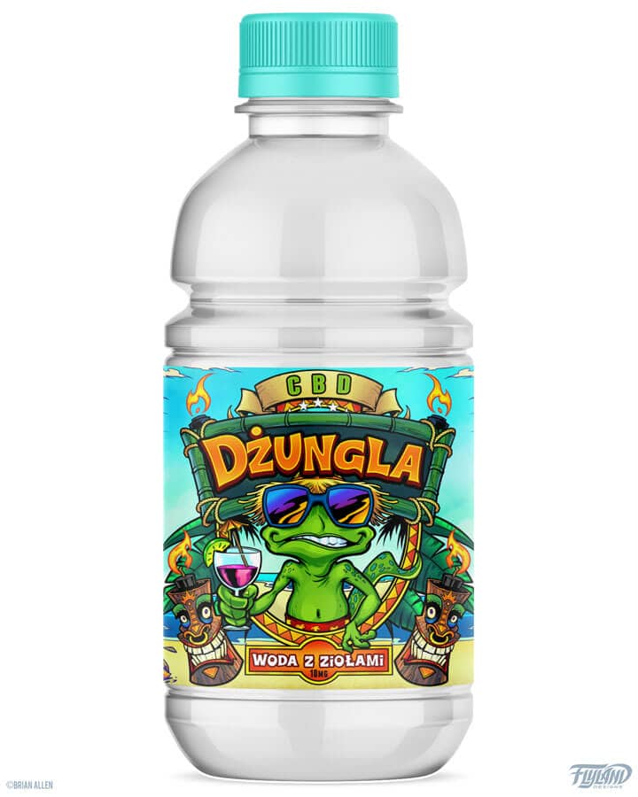 Dżungla tropical water bottle label design featuring a lizard on the beach holding a drink surrounded by tiki heads, drawn by artist Brian Allen