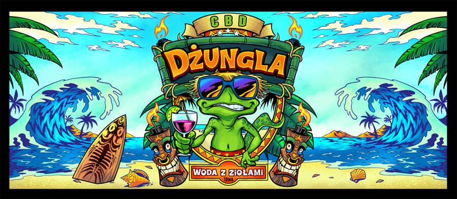 Dżungla tropical water bottle label design featuring a lizard on the beach holding a drink surrounded by tiki heads, drawn by artist Brian Allen