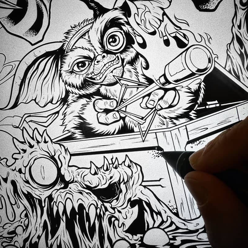 Illustration of Spike and Gizmo from the movie Gremlins drawn in the art style of Brian Allen
