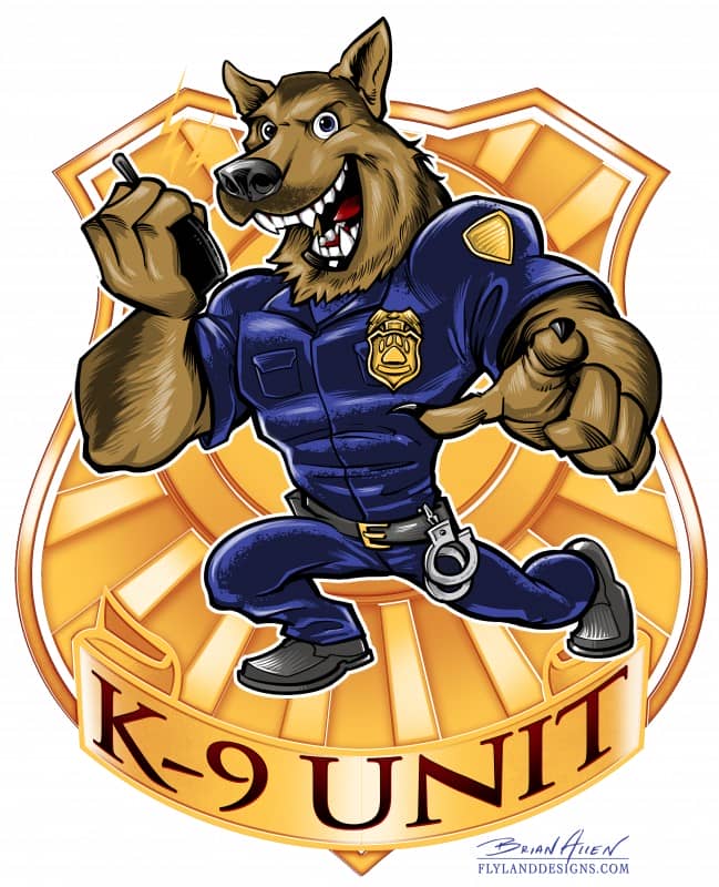 A muscular german shepherd wearing a police uniform holding a walkie talkie. There is a large, gold police badge in the background and the text below reads "K-9 Unit"
Artwork by Brian Allen, Flyland Designs