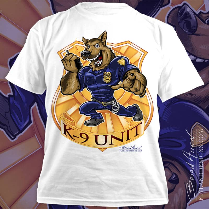A muscular german shepherd wearing a police uniform holding a walkie talkie. There is a large, gold police badge in the background and the text below reads "K-9 Unit" printed on a white t-shirt
Artwork by Brian Allen, Flyland Designs