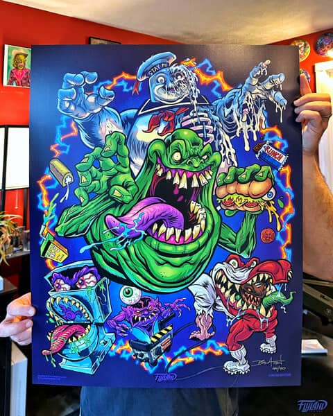 Cartoon parody illustration of Slimer, Stay Puft Marshmallow Man, and other ghots from the Ghostbusters cartoon drawn by Artist Brian Allen