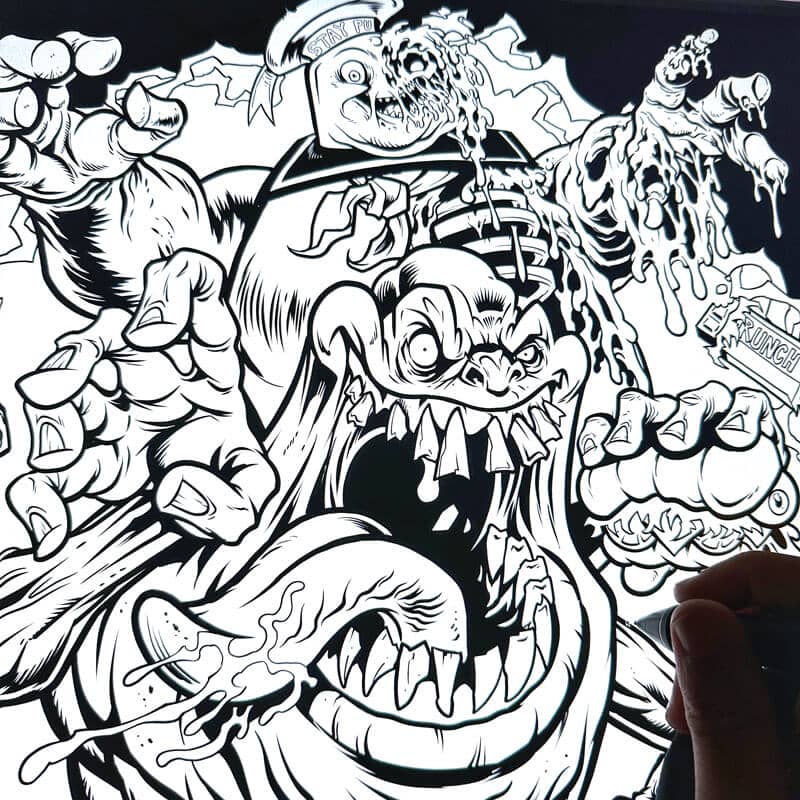 Cartoon parody illustration of Slimer, Stay Puft Marshmallow Man, and other ghots from the Ghostbusters cartoon drawn by Artist Brian Allen