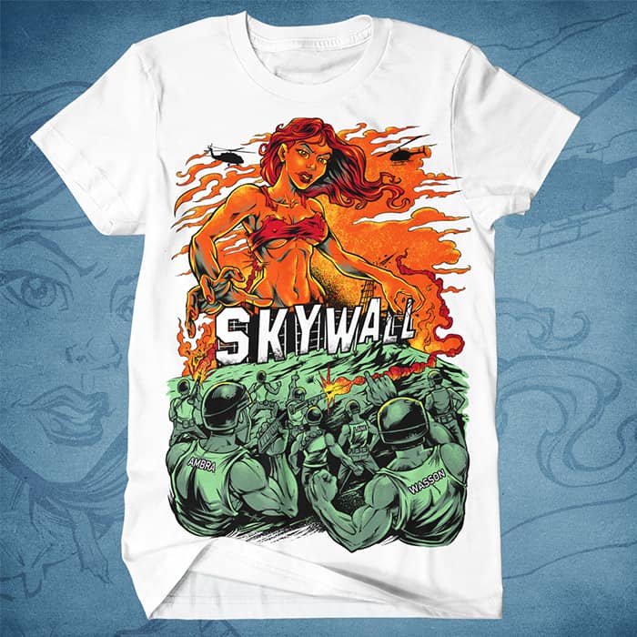 A bright orange woman towering over a group of men in military uniforms. She is standing above a sign that reads "SkyWall" as helicopters swarm around her head. Printed on a white t-shirt
Artwork by Brian Allen, Flyland Designs.