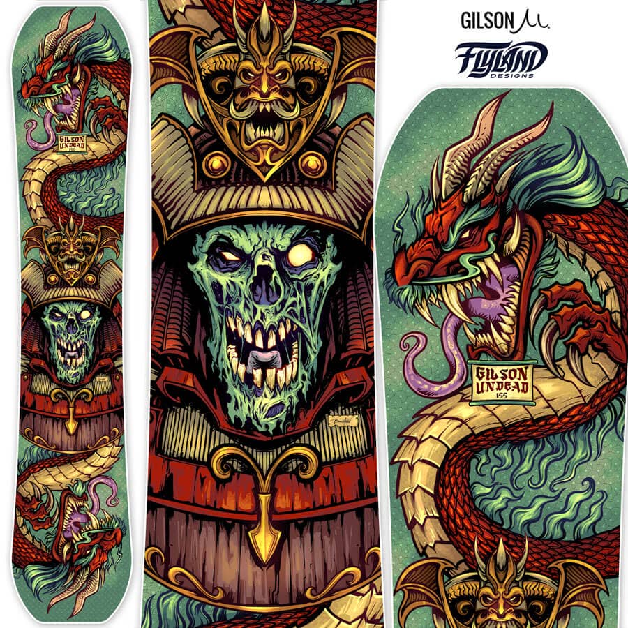 Snowboard design of a zombie semurai and dragons, drawn by artist Brian Allen
