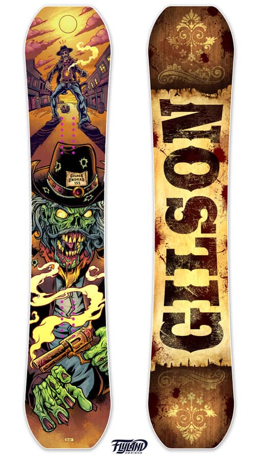 Snowboard design of a zombie cowboy for Gilson Snow, drawn by artist Brian Allen