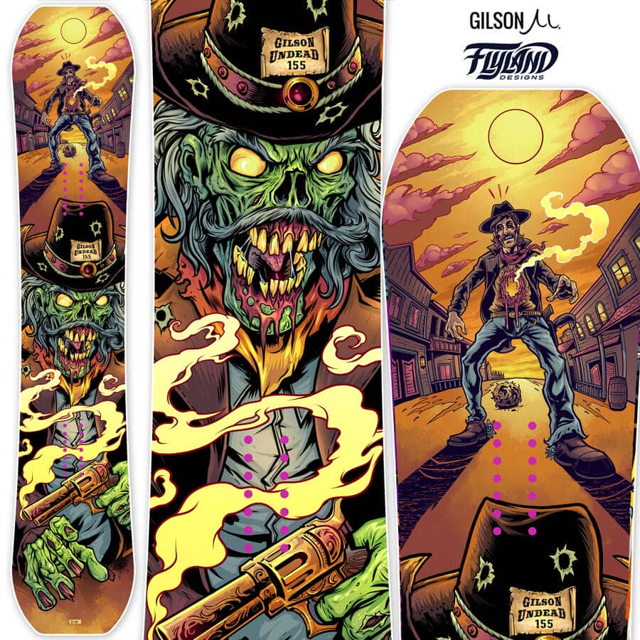 Snowboard design of a zombie cowboy for Gilson Snow, drawn by artist Brian Allen