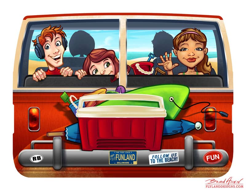 A graphic vehicle wrap for an amusement park ride. There are a bunch of kids riding in and driving a bus with a red bumper sticker that reads "FUN".