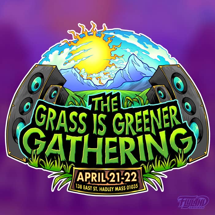 A logo design created for The Grass is Greener Gathering of a green lawn with speakers and a large mountain range in front of the sun along with a poster of an old farm man smoking in a field while sitting on a hay bale.