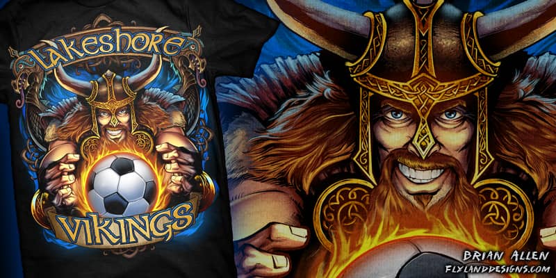 Custom T-shirt illustration of a viking mascot holding a soccer ball