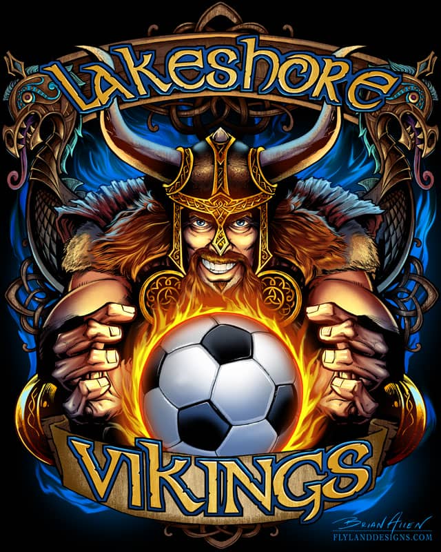 Custom T-shirt illustration of a viking mascot holding a soccer ball