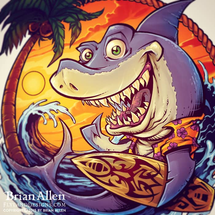 Cartoon shark at the beach holding a surfboard.