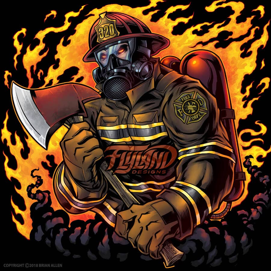 Firefighter with axe and flames