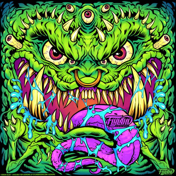 A green demon with lots of eyes and teeth, illustration by Brian Allen