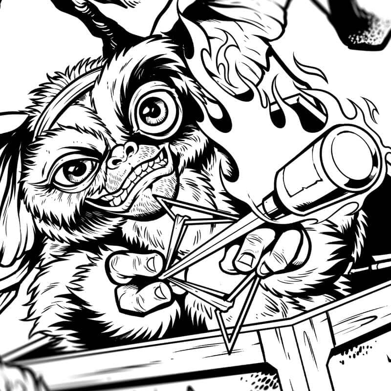 Illustration of Spike and Gizmo from the movie Gremlins drawn in the art style of Brian Allen
