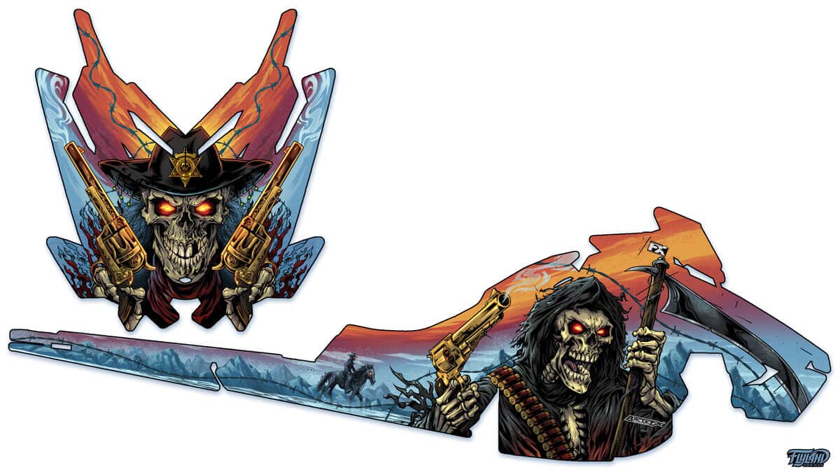 A vehicle wrap featuring a gunslinging cowboy and the grim reaper. The vehicle wrap is a gradient of bright blue on the hood and bright red on the body.