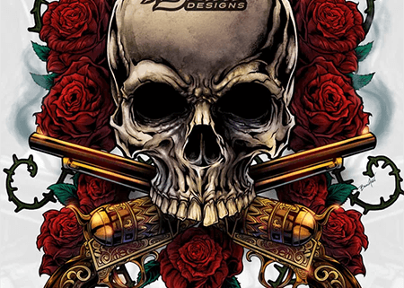 Skull surrounded by gold guns and roses