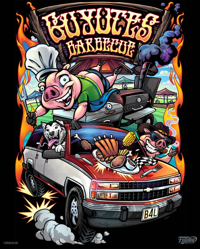 A hog and his dog speeding in an old pickup truck surrounded by barbecue and grills. 