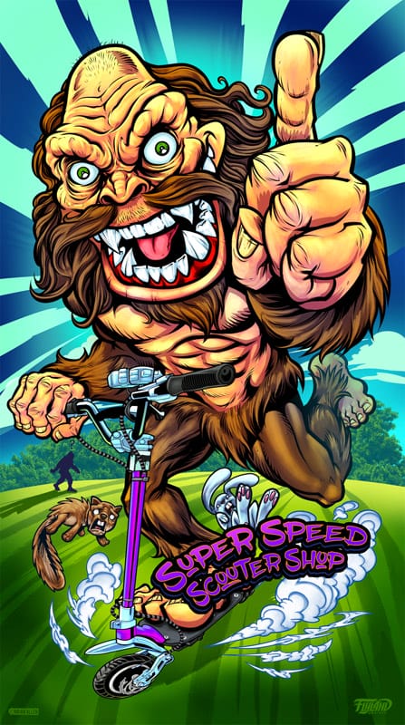 A bald Sasquatch riding a purple super speed scooter and knocking over a bunny and a squirrel 