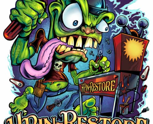 This logo design is of a crazy pinball guy holding tools in-front of  a pinball Machine.