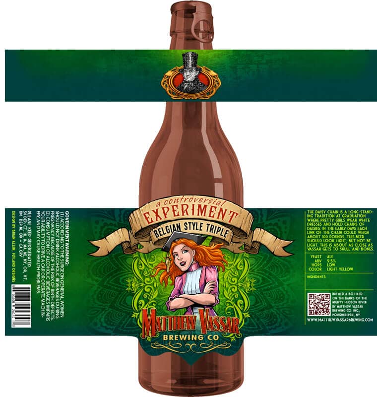 Beer label designs featuring illustrations based on the historical figure Matthew Vassar, drawn by artist Brian Allen