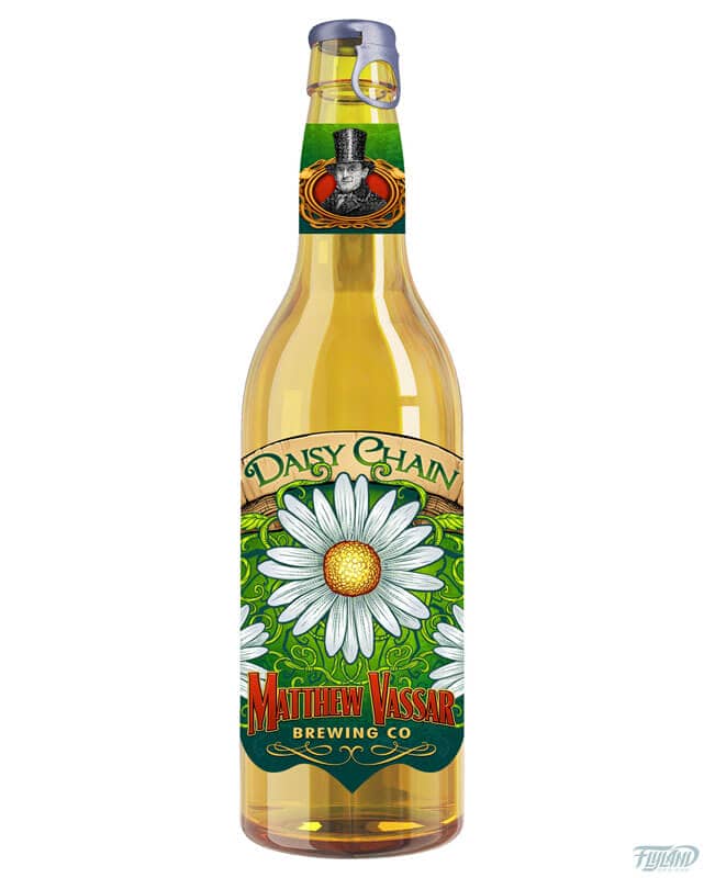 Beer label designs featuring illustrations based on the historical figure Matthew Vassar, drawn by artist Brian Allen