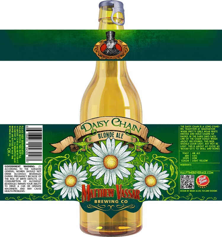 Beer label designs featuring illustrations based on the historical figure Matthew Vassar, drawn by artist Brian Allen
