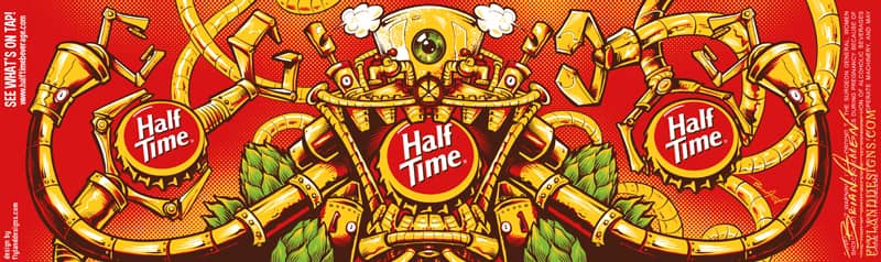 Custom silk-screen illustration I created of a happy robot made of brewing equipment for Half Time Brewing Company's 2014 Growler design.